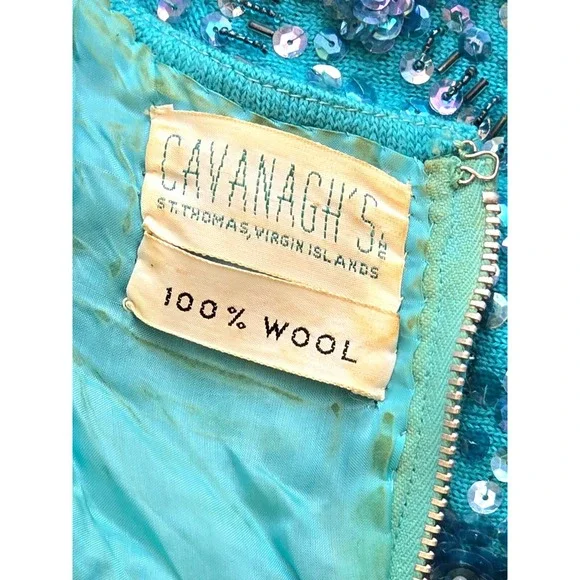 Vintage 60s Wool Beaded Sequin Sweater Back Zip Turquoise Silk-lined By Cavanagh